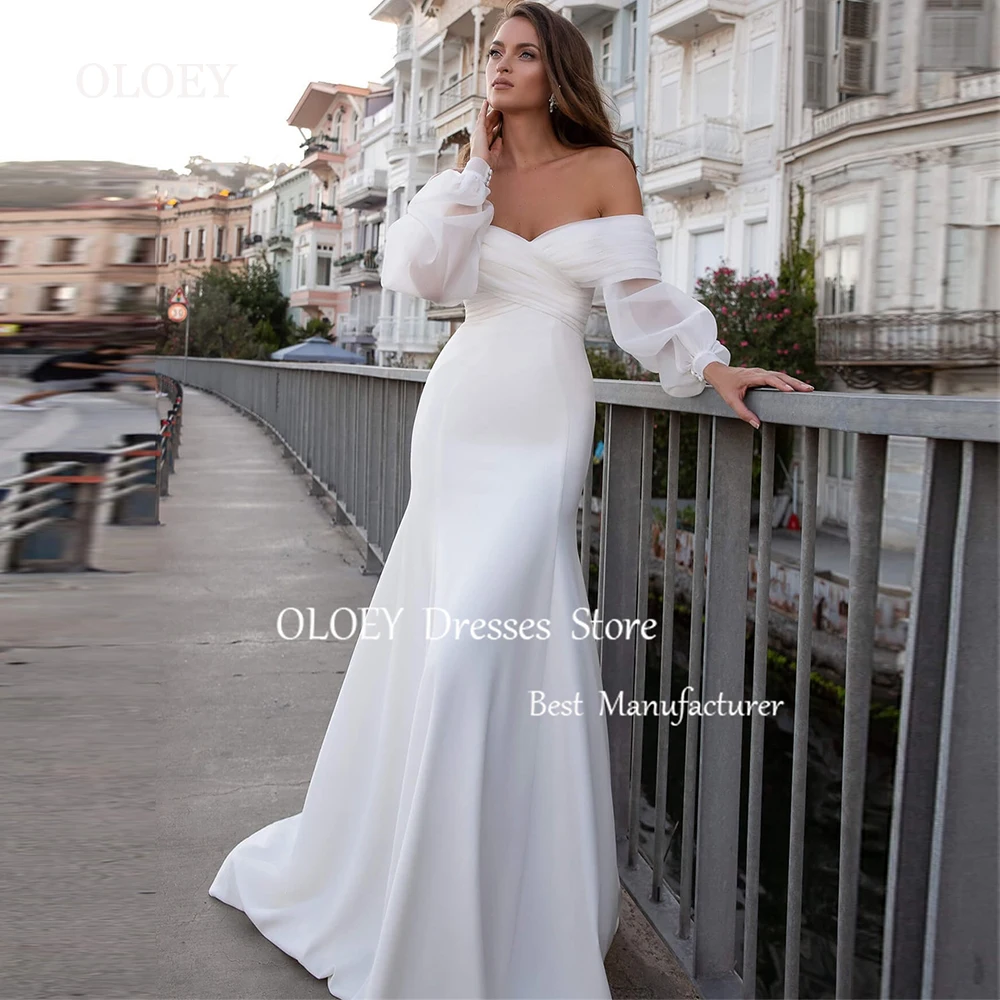 

OLOEY Elegant Ivory Mermaid Wedding Dress Off Shoulder Stretch Satin Long Bridal Gown Floor Length Zipper Back Custom Made