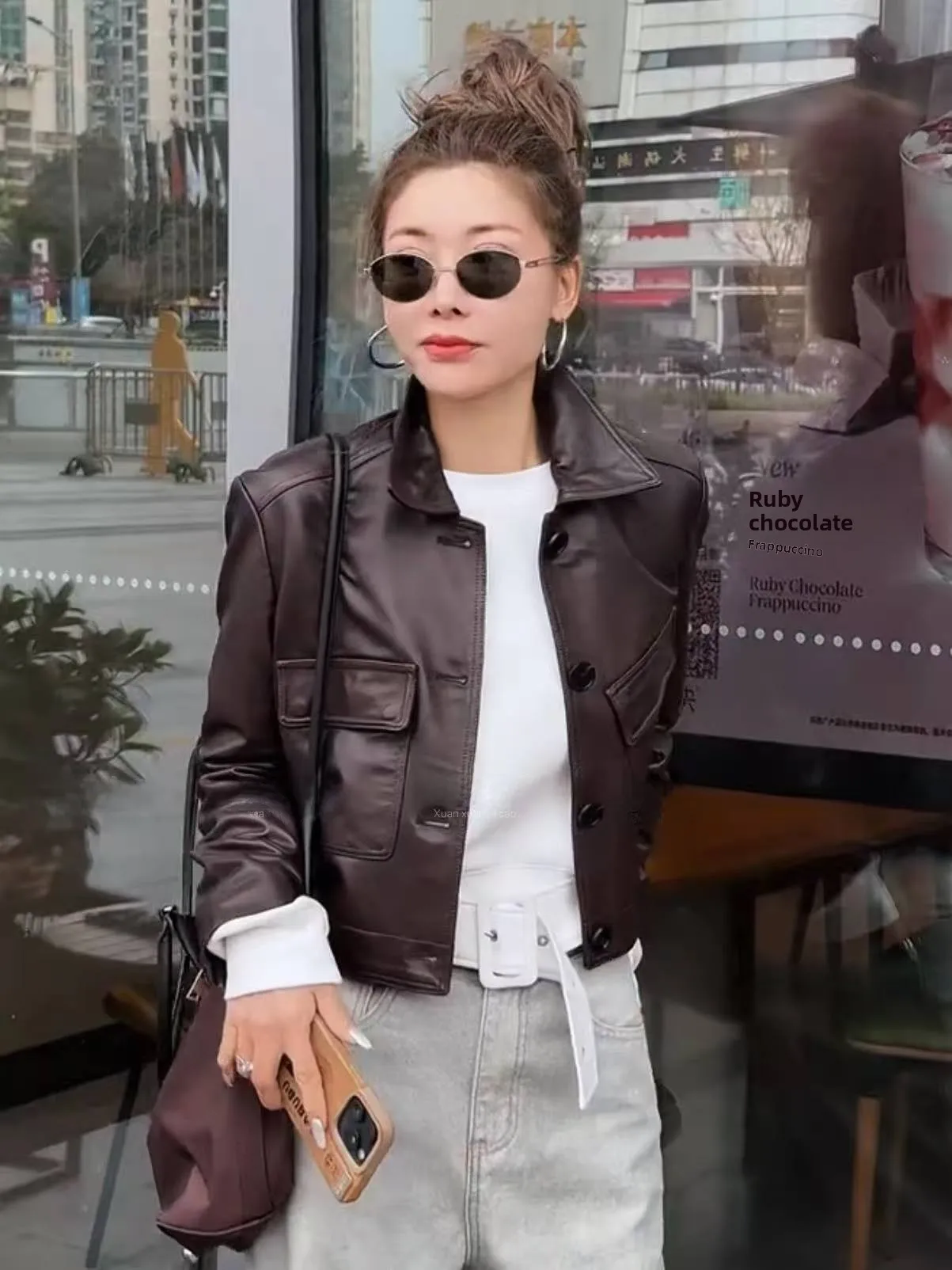

2025 New Street Faion Genuine eepskin Leather Jaet Irregular Double ket Women's Turn-down Collar High-end Outerwear