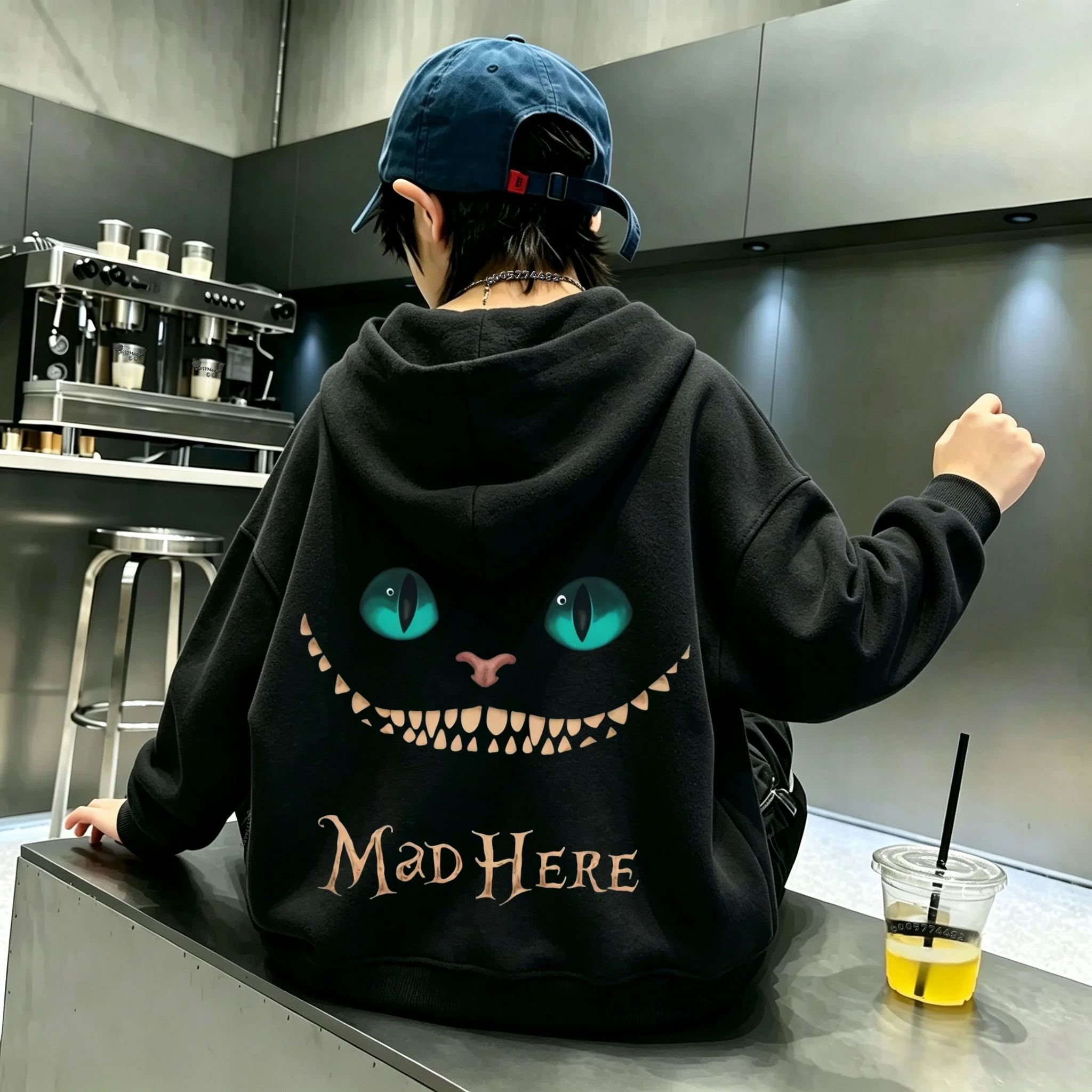 Children's hooded sweatshirt, trendy and cool,kitten green eyes,sharp teeth,smiling face print,large-sized children's hooded top