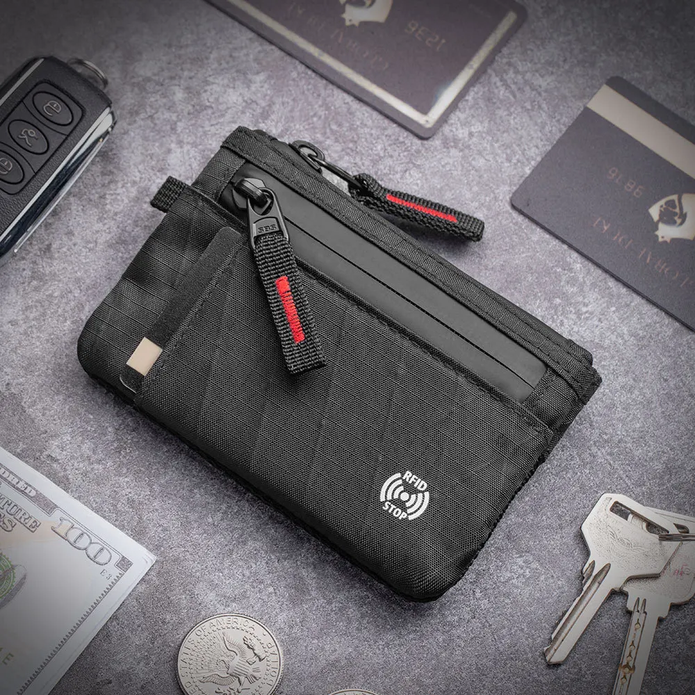 Dompet Rfid dengan Ritsleting Dompet Koin Mini Dompet Pendek Nilon Wanita Pria Tempat Kartu Kunci Retro Tas Uang Kecil Tas Tangan Mini Remaja Tren