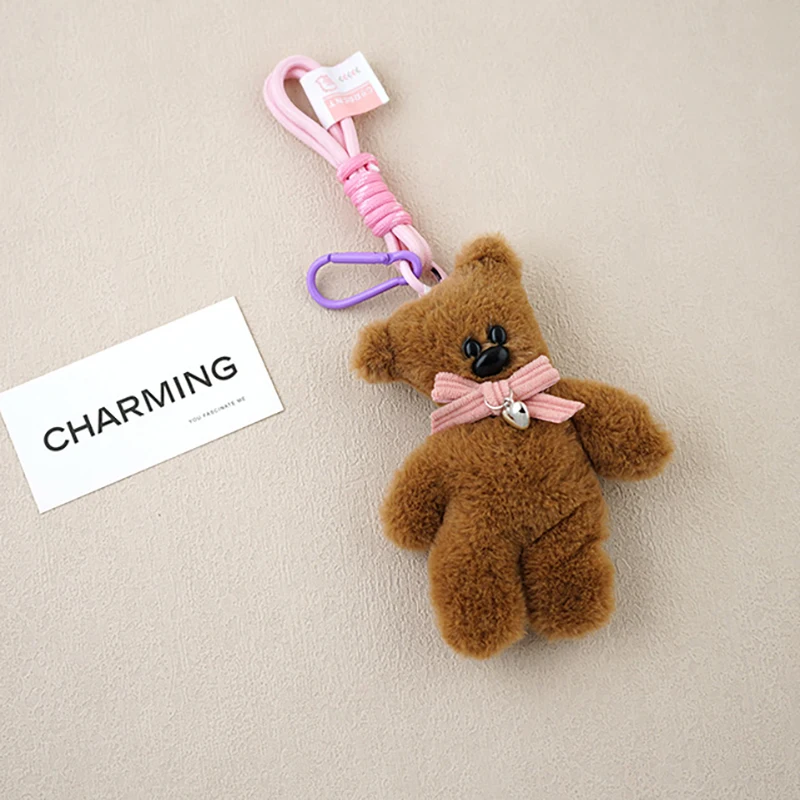 Funny Small Bear Doll Keychain For Bag Pendant Creative Plush Brown Bear Pendant Cute Keyrings For Car Keys Accessories  Gifts