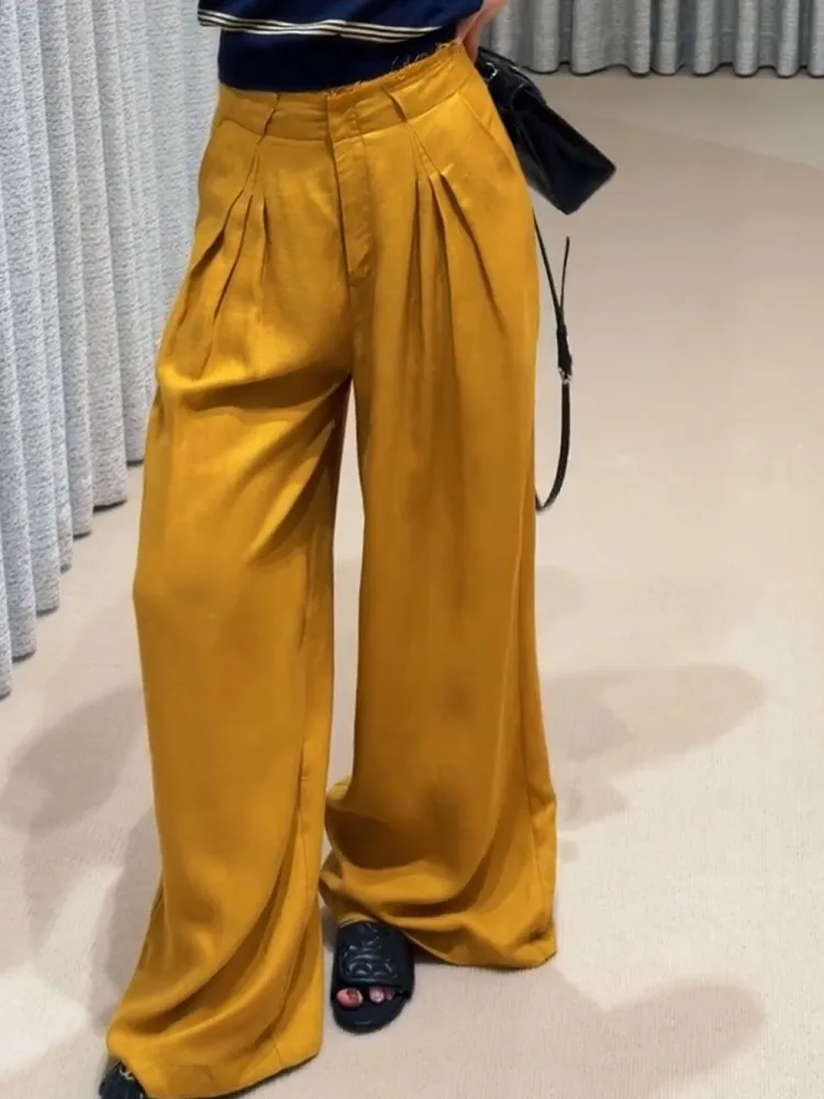 2025 nouvel été Style coréen pli Design mode femmes pantalons décontractés coupe ample jambe large pantalon taille haute pleine longueur pantalon