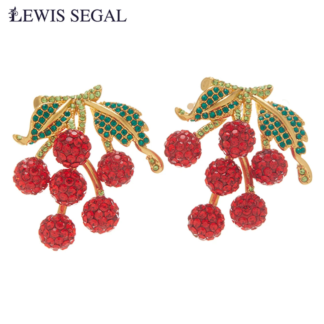 

LEWIS SEGAL Cherry with Leaf Vintage Stud Earrings for Women Luxury Medieval Style Fine Jewelry Rhinestones 18K Gold Plated