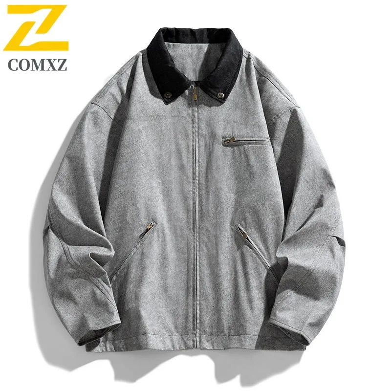 

COMXZ Мужская куртка 2025 года, винтажная легкая куртка с воротником-стойкой для кемпинга, повседневное удобное ветрозащитное пальто для пешего туризма, весенне-осенняя верхняя одежда