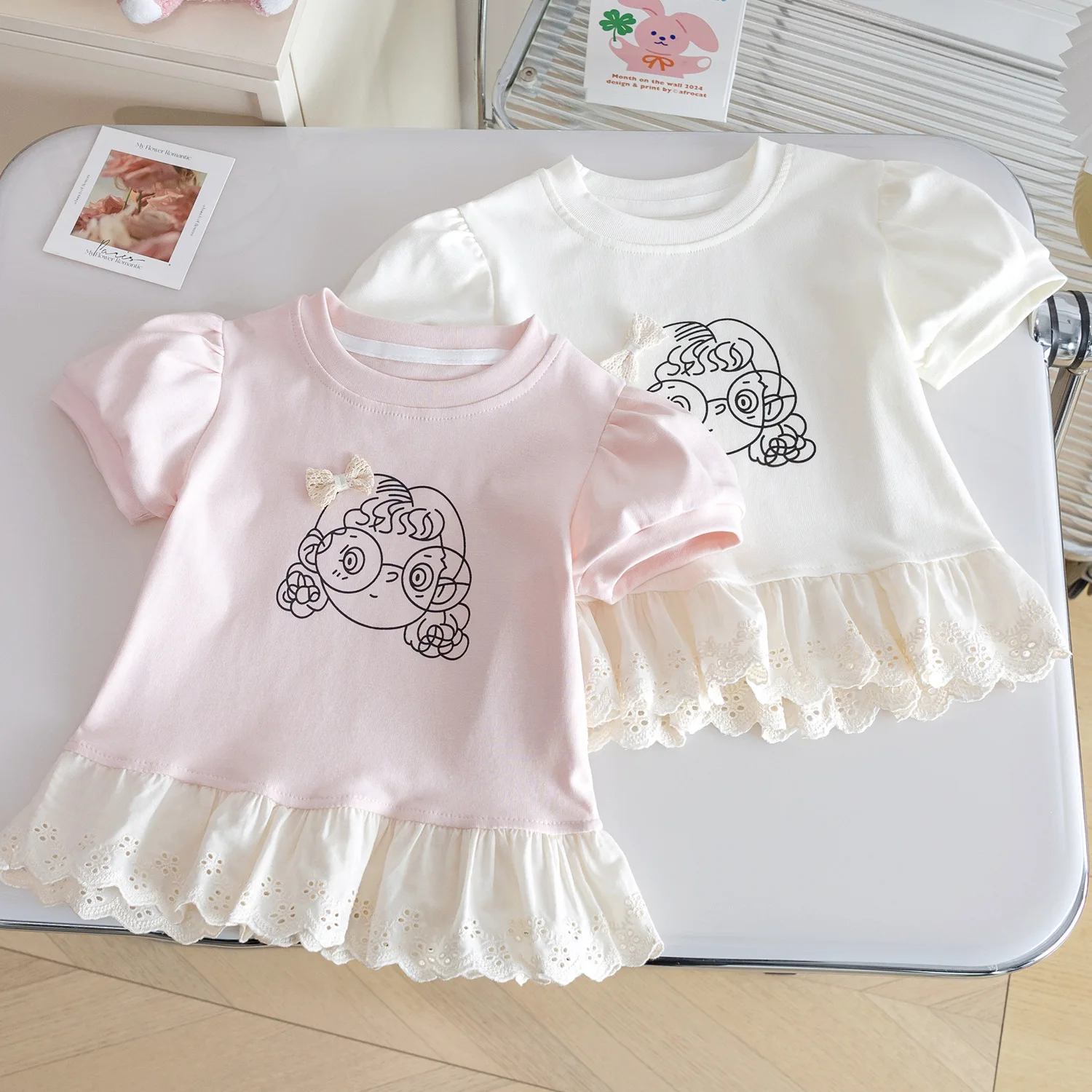 Sweet Baby Girls Ruffle Lace Patchwork T-Shirts Short Puff Sleeve Cartoon Print Bow Tees 2025 Summer Casual Tops