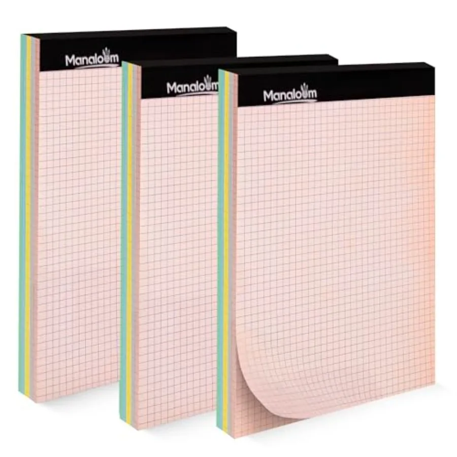 

Graph Paper Pad 8.5 x 11 Inch - 3 Pack, 50 Sheets Each 150 Sheets Total 4x4 Quad Ruled/Grid Notebook, 75 GSM Paper, 5 Colored P