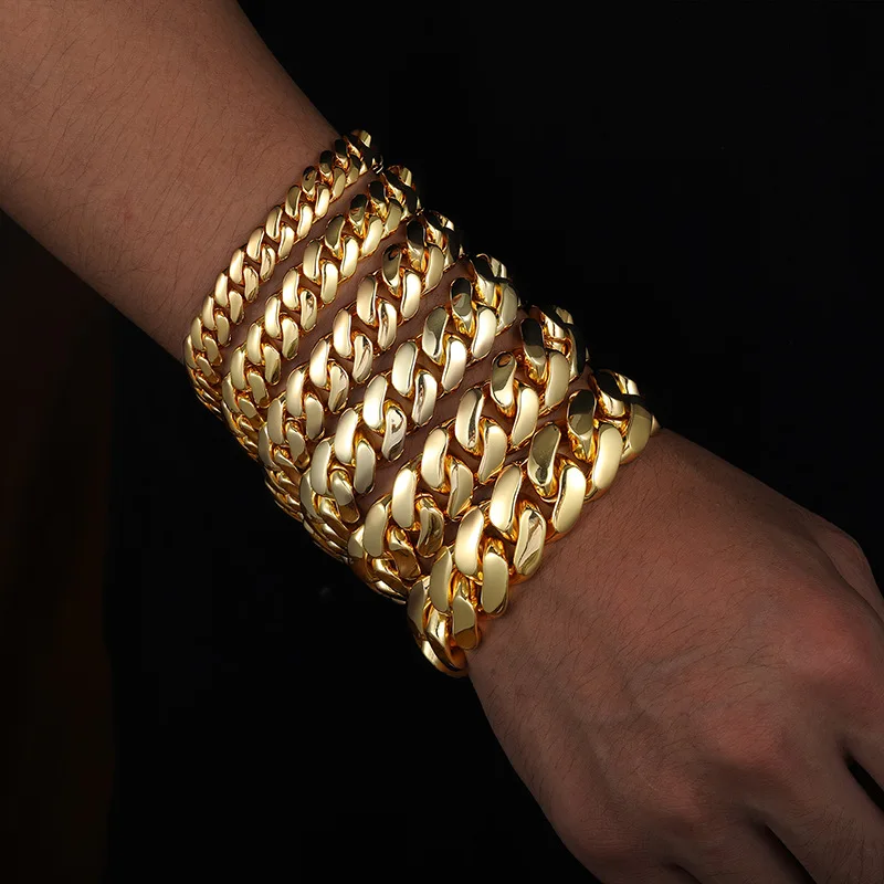 

10mm-20mm wide Hip Hop Bling Iced Out Round Miami Curb Cuban Link Chain Bracelets for Men Rapper Jewelry Gold Silver Color