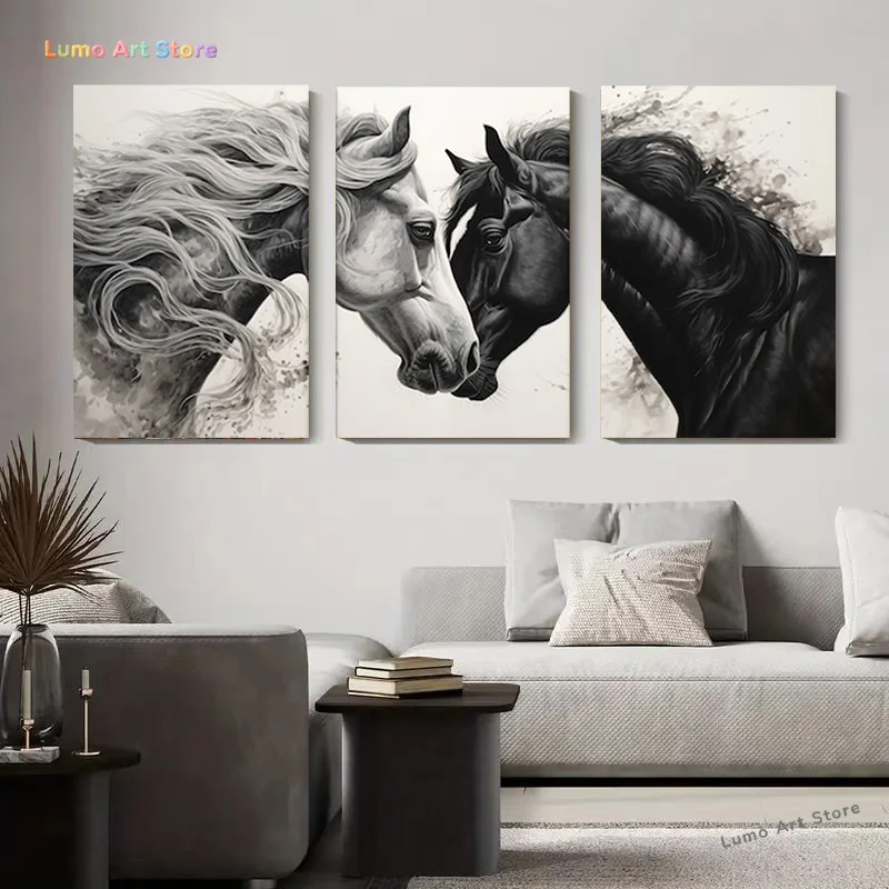 3pcs Black and White Horse Canvas Wall Art Set - Elegant Horse Head Paintings - Animal Print Art for Living Room, Bedroom, an