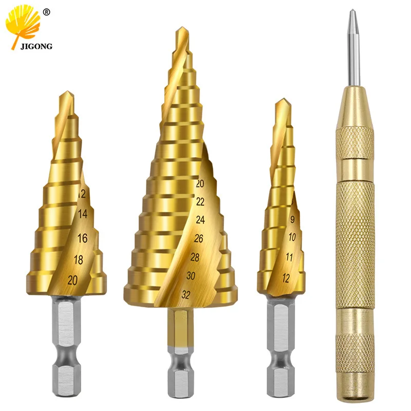 

4 pieces of cloth bag with hexagonal spiral groove step drill and center punch set centering drilling hole reamer