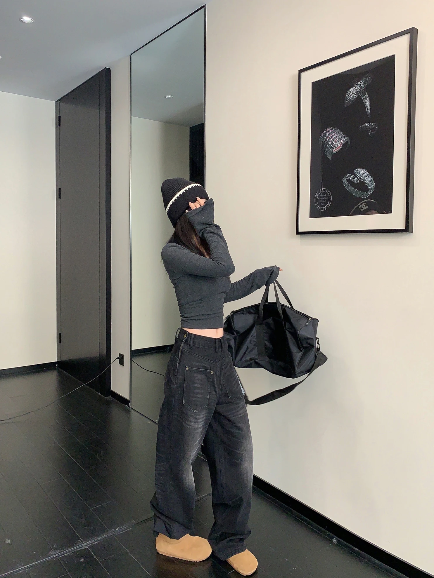 

Retro American Sle Women's Jeans ket Design Loose Straight Leg Wide Leg Pants Spring Faion Casual Pure Color Jeans