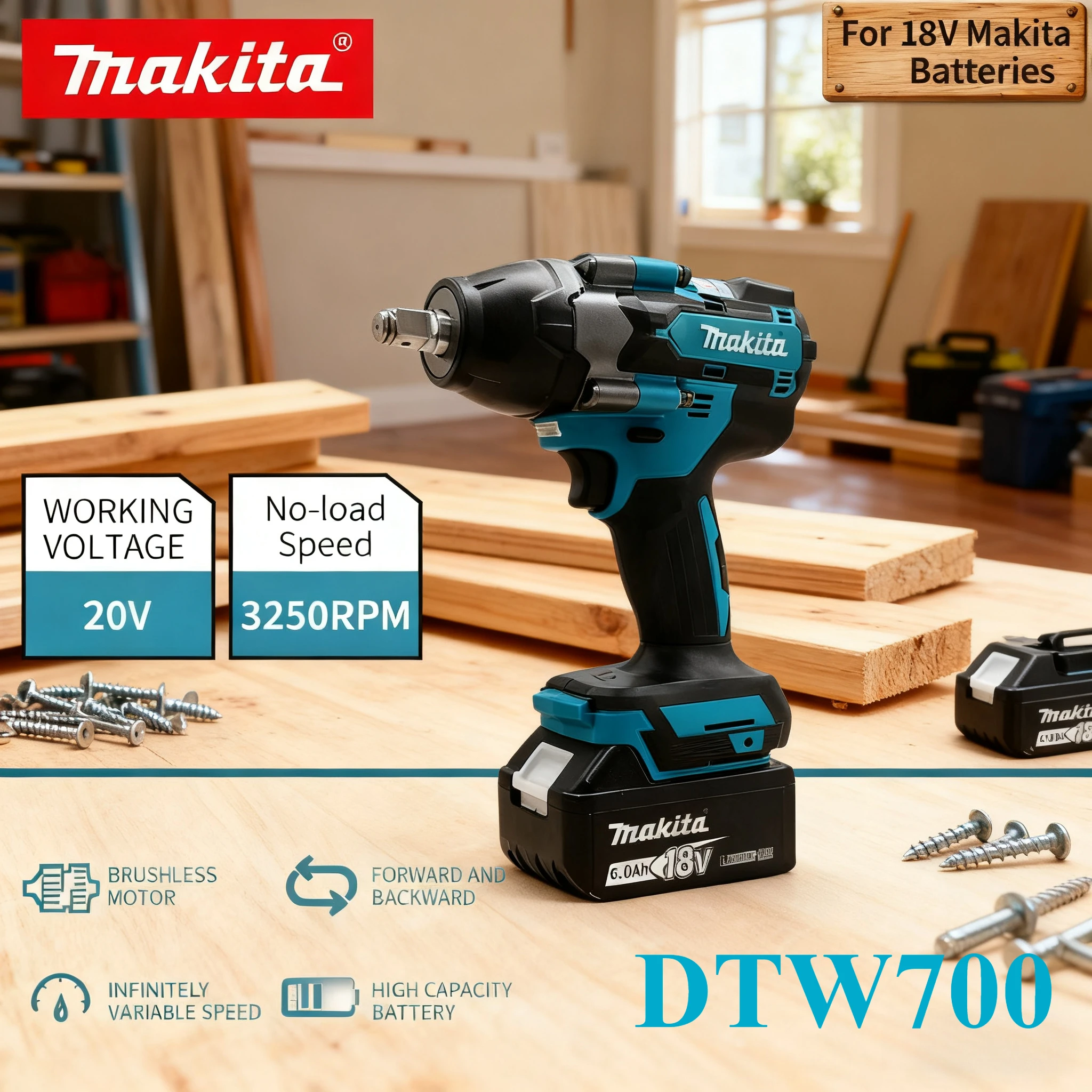

Makita Electric Wrench DTW700 1000N.M Brushless Cordless Impact Wrench Screwdriver Large Torque Auto Repair Power Tools
