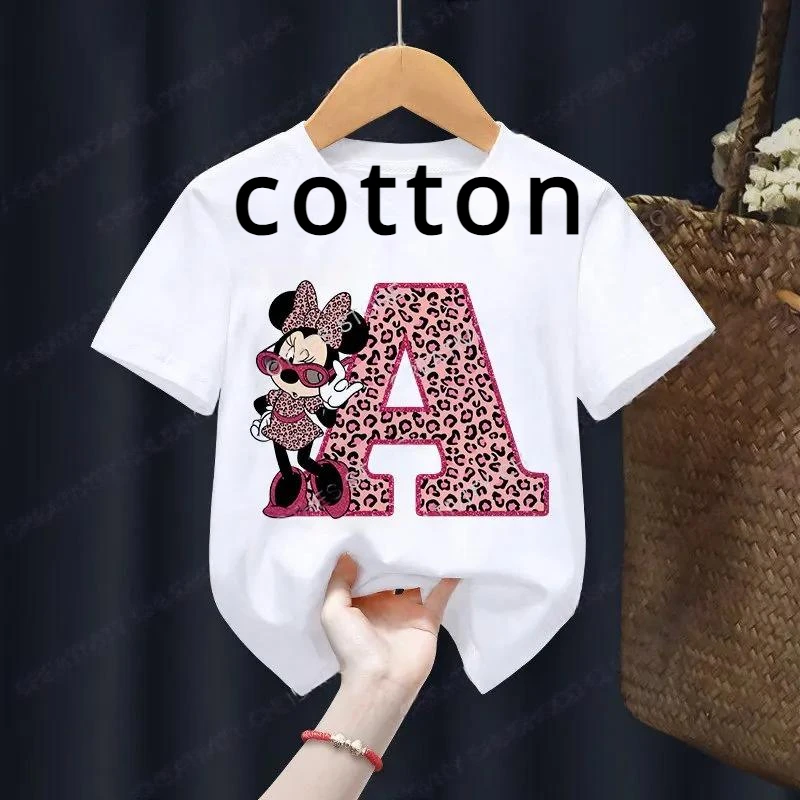 Minnie Children Cotton T-Shirts Letter A-Z Name Combination Disney Kawaii Cartoons Clothes Kids Boy Girl Tee Shirts Casual Tops