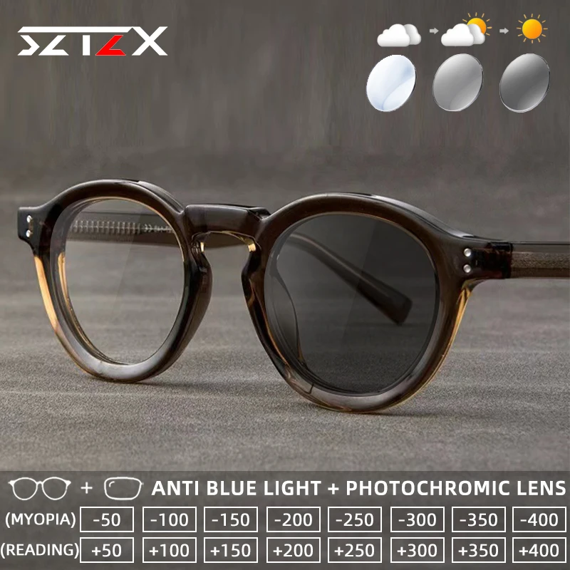 SZTZX Retro Currents Everyday Wear Photochromic Anti Blue Light Myopia Glasses Round Progressive Prescription Reading Glasses