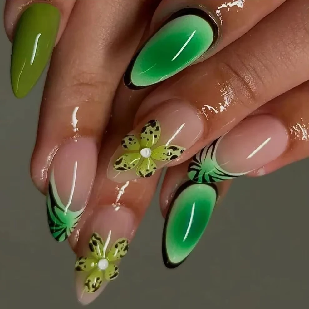 Flores 3d coloridas mini strass amêndoa unhas falsas arte primavera pérola bowknot unhas falsas encantos imprensa em unhas ferramentas de manicure