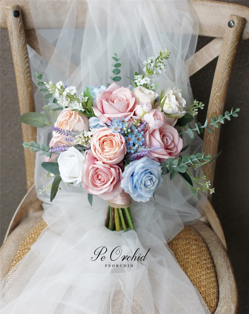 PEORCHID 2024 New Pink&Blue Bridal Flower Wedding Bouquet Artificial Silk Roses Ramo De Quinceanera Bridesmaids Flowers Bouquet