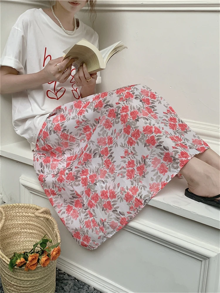 Seoulish Summer Vintage Floral Printed Women's Mi-long Skirts 2022 New High Waist Umbrella Fashion Korean A-Line Skirts Female