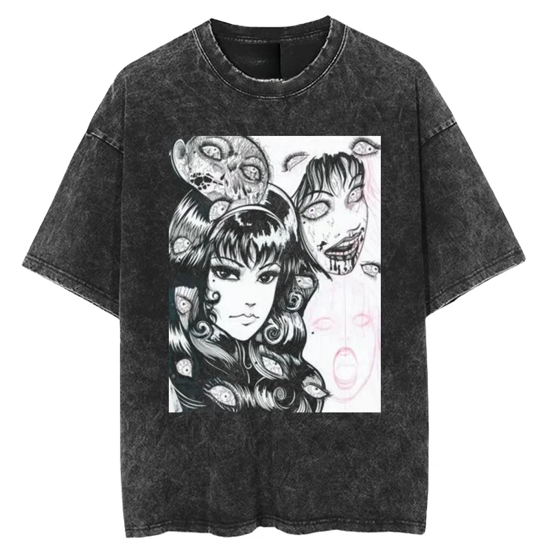 Retro Summer Tomie Junji Ito Retro Washed Antique Short-Sleeved T-Shirt Men's Trendy Brand Japanese High Street Hip-Hop Shirt