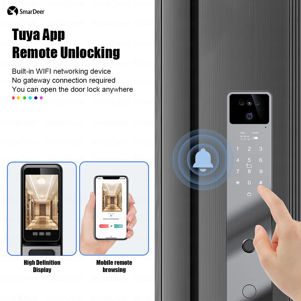 SmaerDeer 3D Facial Recognition Electronic Lock with Visual Doorbell Tuya Smart lock with Camera Fingerprint Lock 