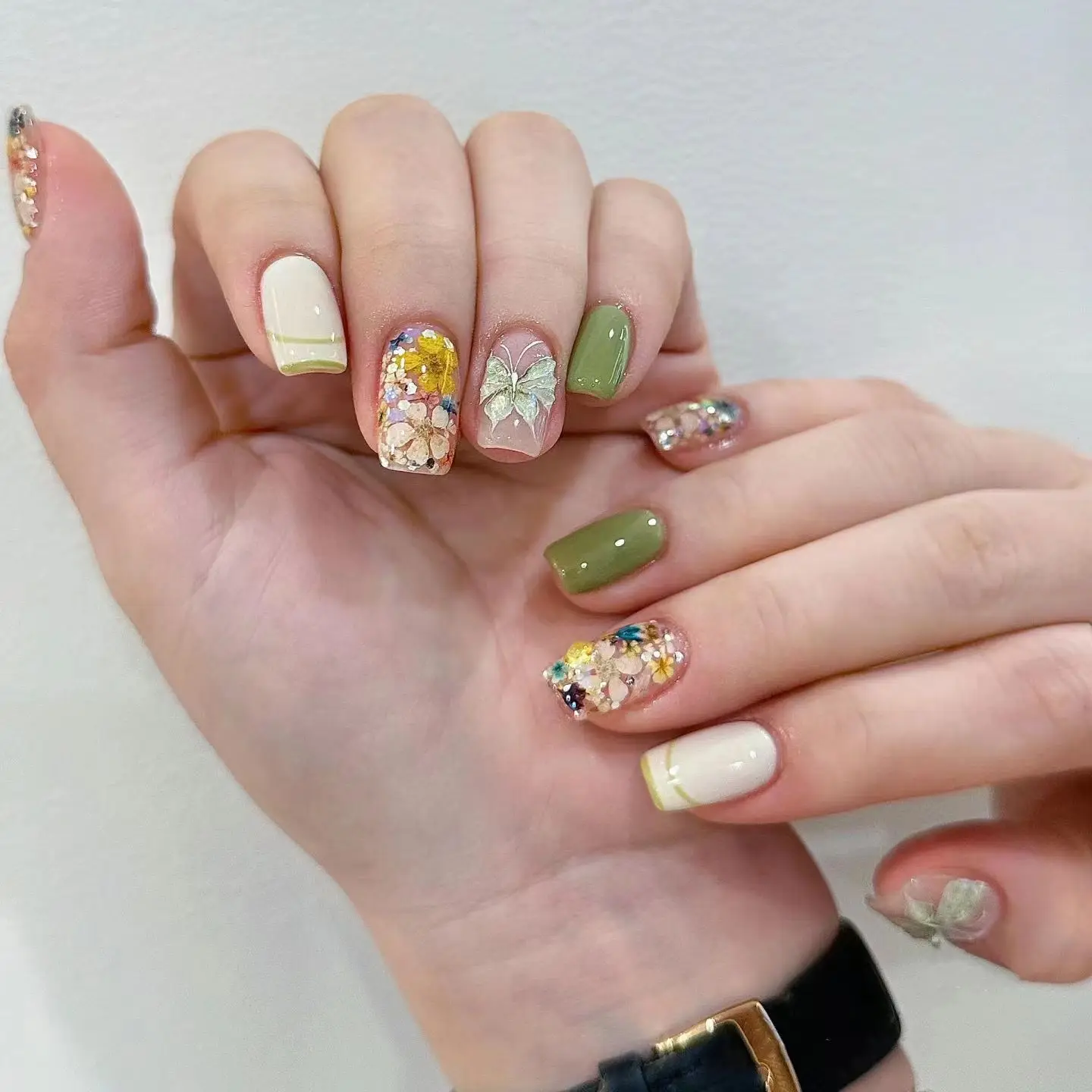 Uñas verdes para manicura, 10 piezas, hechas a mano, con flores secas reales, envío rápido