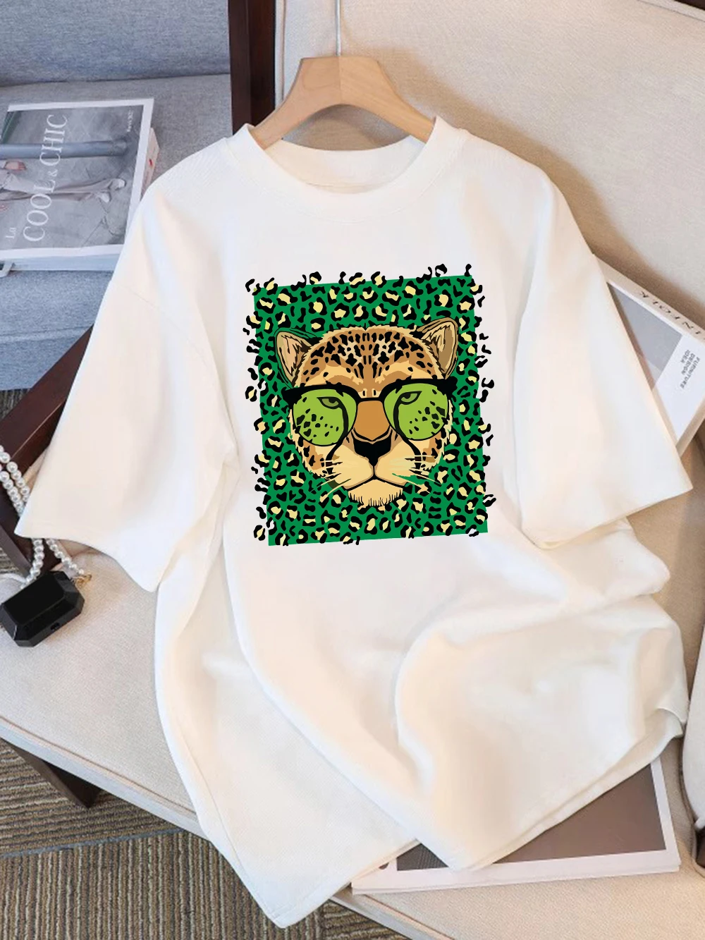 

Summer T-Shirts Cotton Womens Green Leopard Head Prints Short Sleeve Tees Soft Loose O-Neck Tops Holiday Casual Womans Clothes