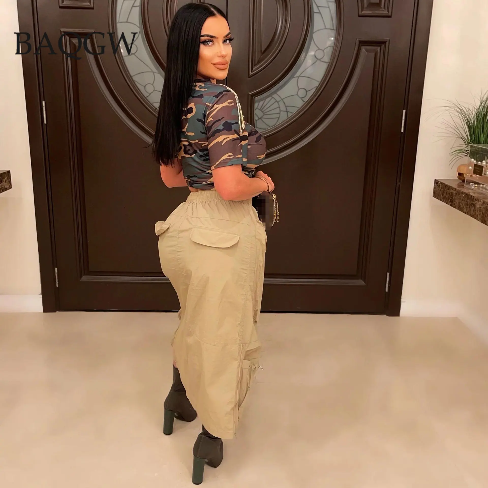 Fashion Elastic Waist Khaki Army Green Cargo Skirt 2023 Summer Women Y2K Front 3D Pockets Center Zipper Midi Skirts Streetwear