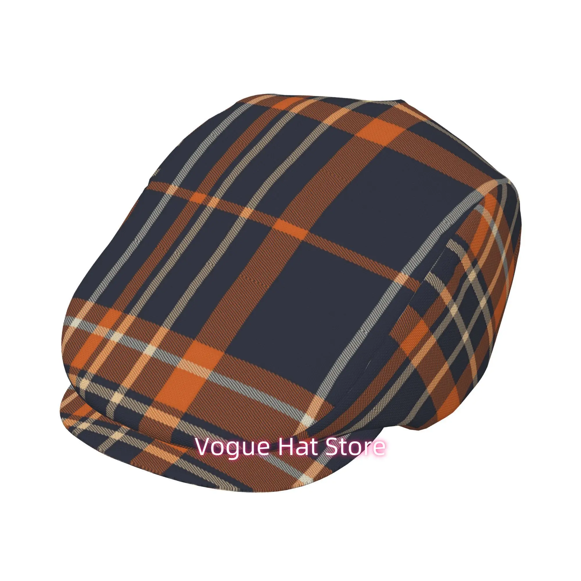 One Navy Blue And Orange Plaid Beret with an All-Over Print, a Vintage Newsboy Cap That Is Unisex, Essential for Both Outdoor Le