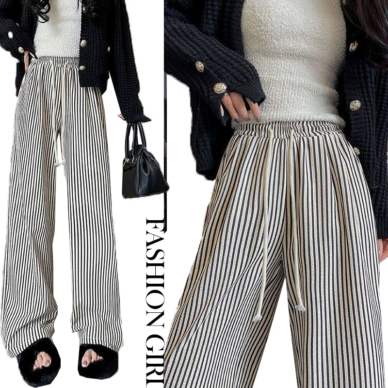 

2024 summer autumn new vintage fashion striped high waisted pant, casual comfortable drawstring elastic-waist wide-leg pants