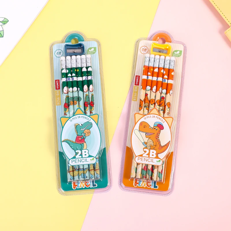 12Pcs/Set wooden pencils with eraser 2B pencil Little dinosaur Cartoon writing pen cute Student pen School supplies gi