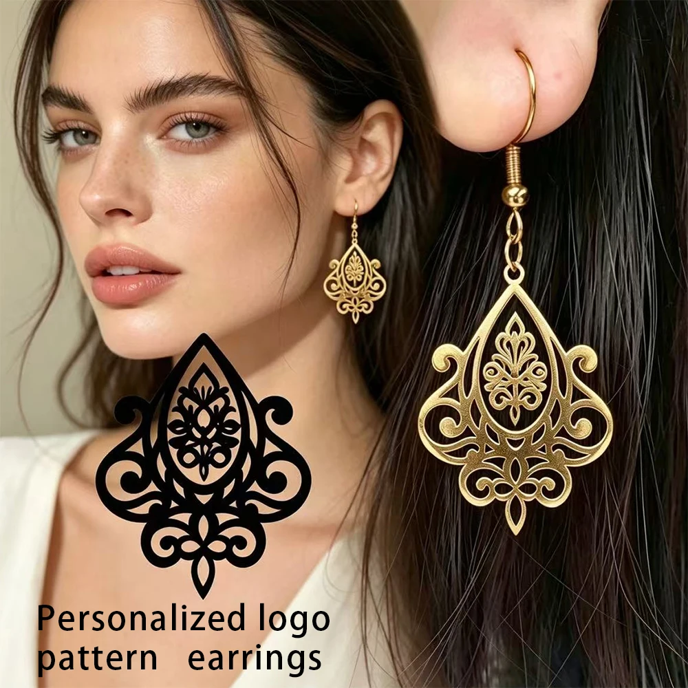 Custom Personalized Logo Hollow Teardrop Dangle Earrings Retro Scroll Pattern Gold Ear Hook Elegant Women Party Daily Jewelry