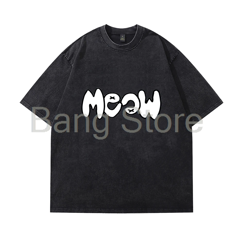 Boywithuke Meow Washed Cotton Tee Unisex T-shirt Crewneck Short Sleeve Tops