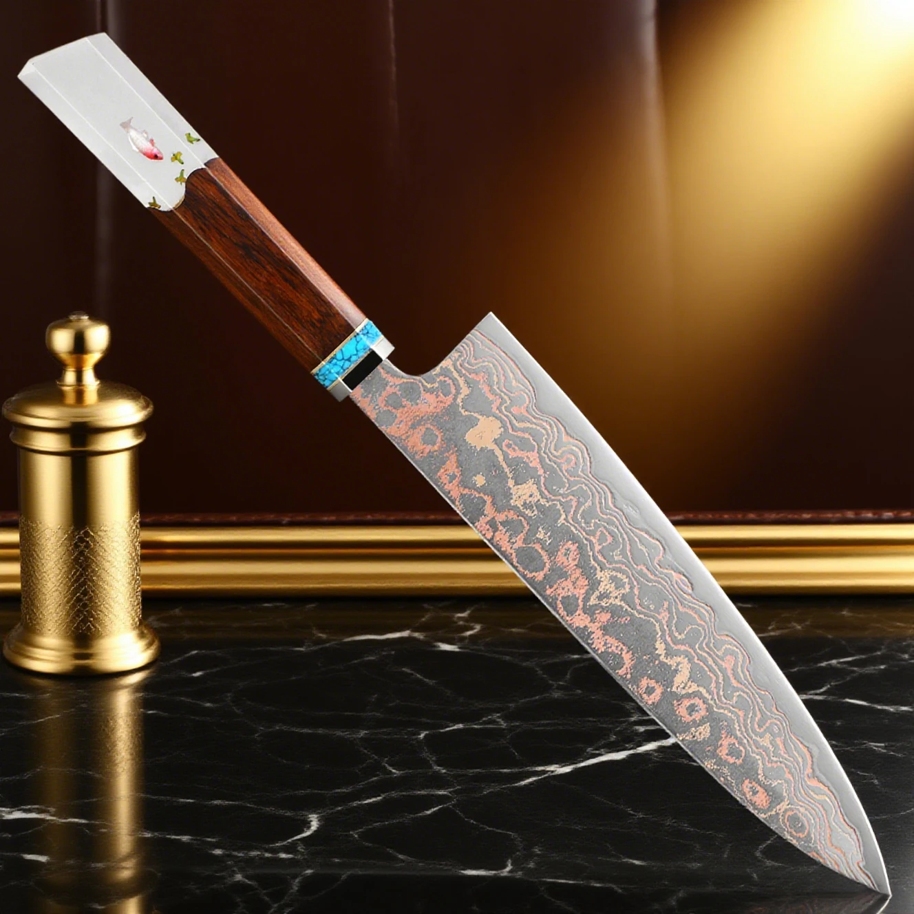 Professional Chef Knife 8 Inch 33 Layers Copper Damascus Steel Japanese Cuisine Knife Kitchen Knife for Home Chopping,Slicing