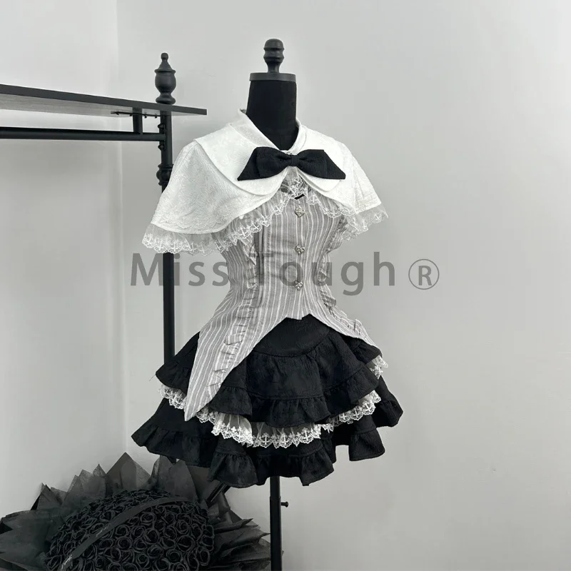 Japanese New Preppy Style 4 Piece Sets Women Y2k Bow Cape Coat Stripe Vest Tops Kawaii Lace Ruffles Cake Mini Skrits Lolita Suit