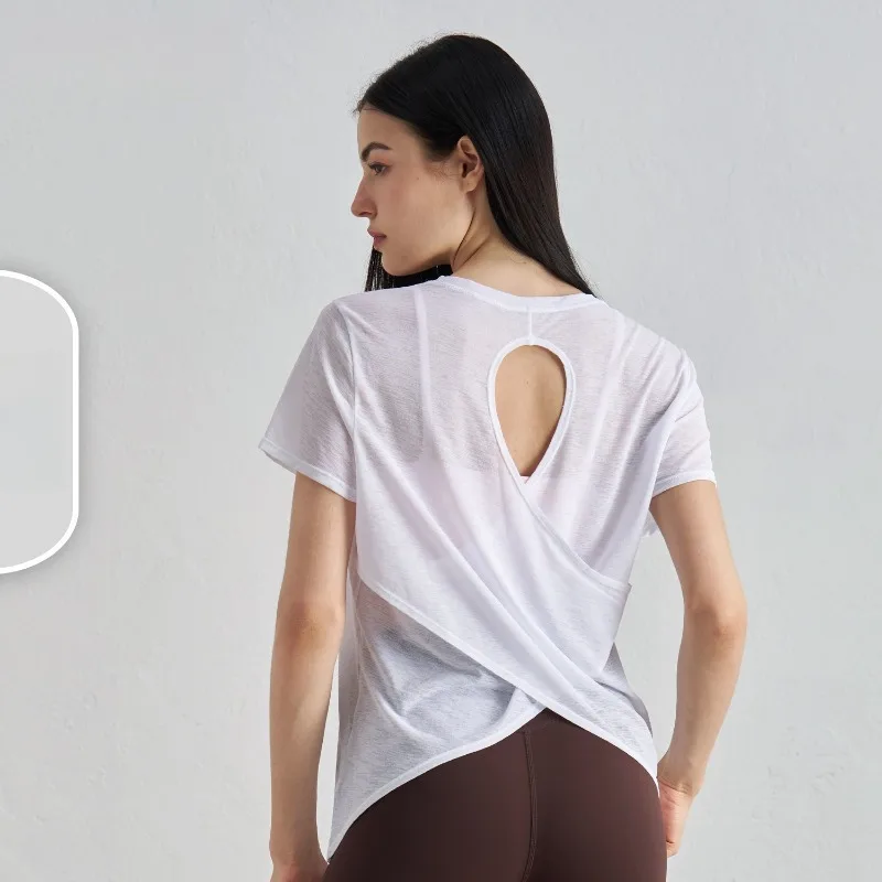 

Бамбуковая пряжа, летняя дышащая футболка для йоги, спортивные топы с открытой спиной, женская одежда для йоги, круглый вырез, фитнес, короткий рукав