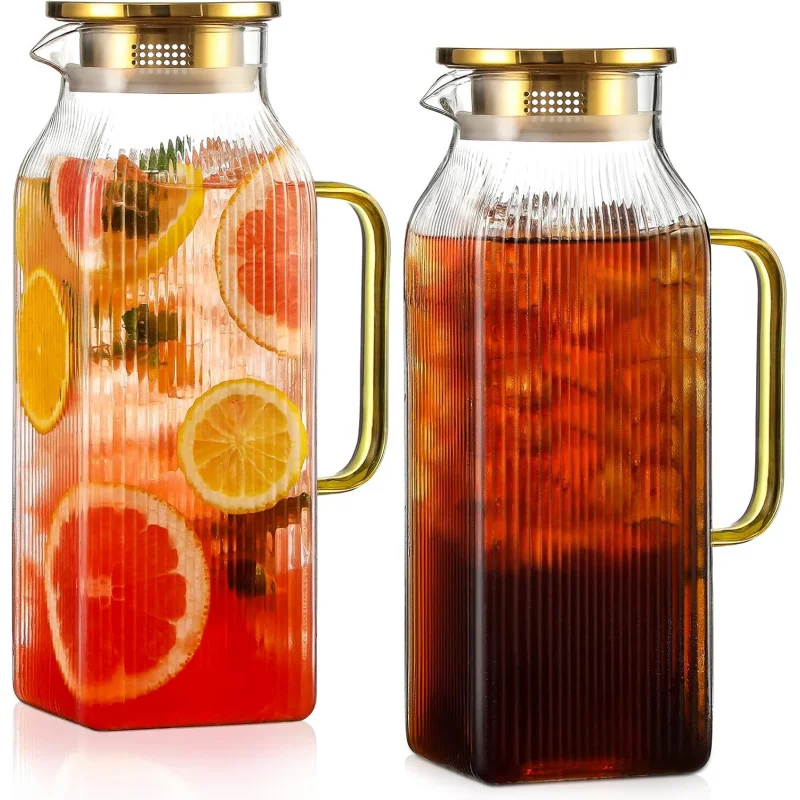 

The Stylish Entertainer's Set: 2 Retro Striped Glass Pitchers (68 oz each) with Lids - Perfect for Iced Tea, Cold Brew & Lemonad