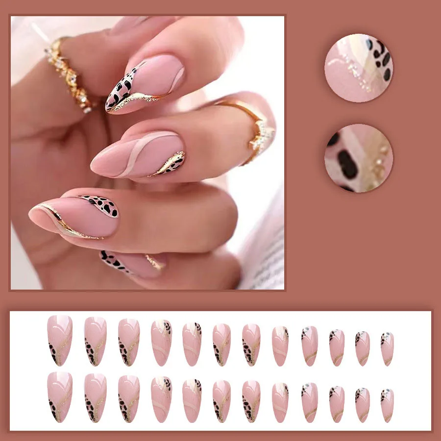 Medium fake nails for women girls Nude almond nail art tips with leopard golden strips design full cover press on false nail view 5