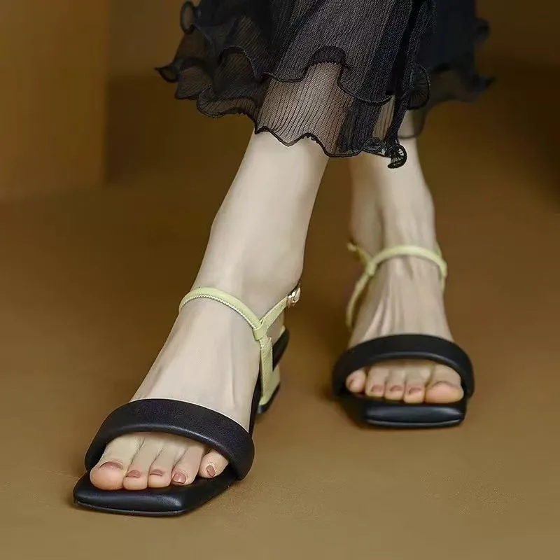 New Summer Square-toe Low-heel Versatile One-strap Sandals Female Fairy Style Chunky Heel Soft-soled Kitten Heel Shoes Pumps
