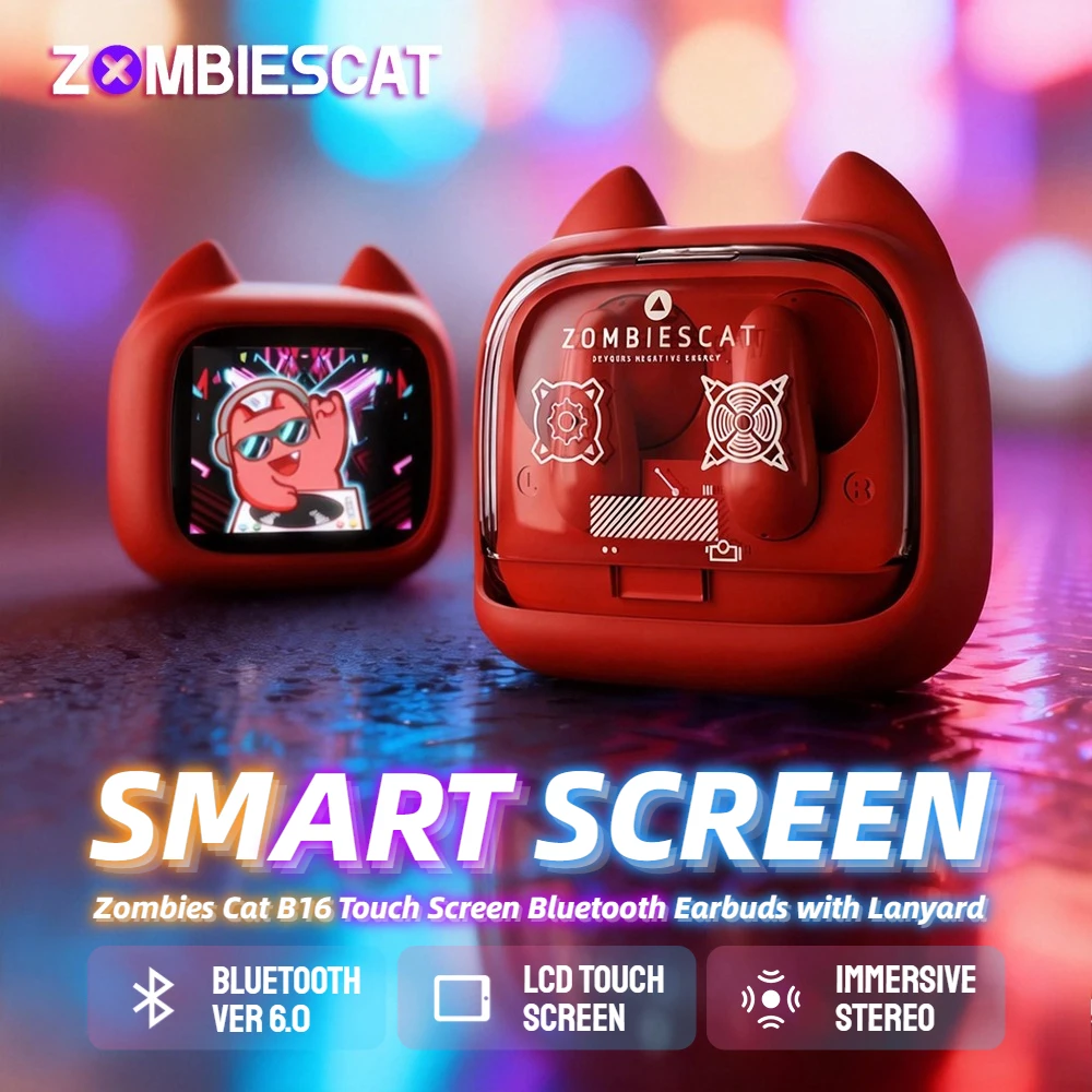 Zombiescat Touch Screen Bluetooth 6.0 Earphones ENC Call Noise Canceling Headphone HiFi Sound TWS Wireless EarBuds with Lanyard