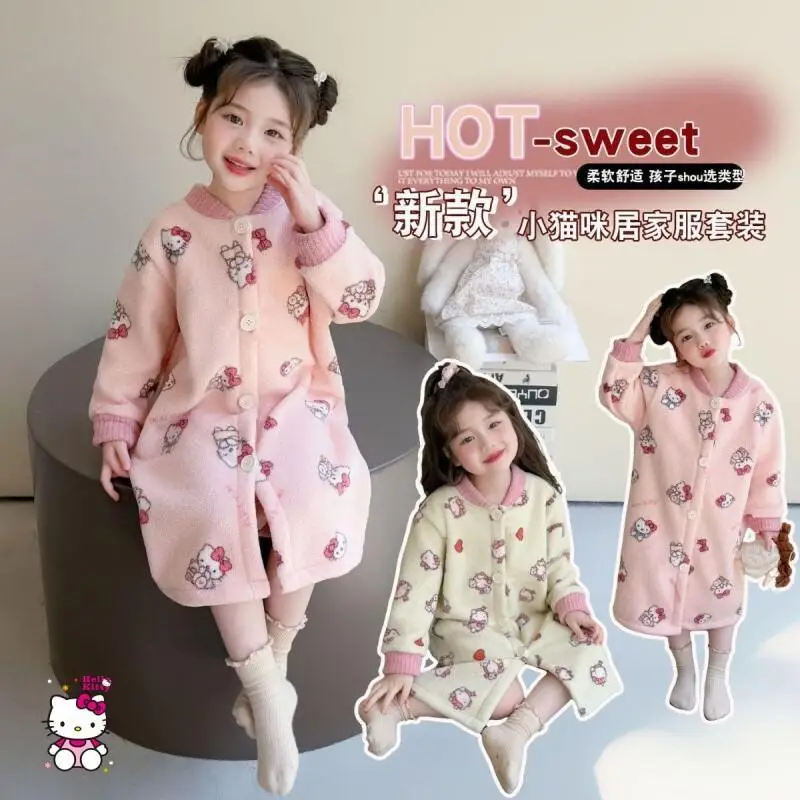 

Hello Kitty Nightgown Girl Kawaii Casual Thicken Flannel Cartoon Pajamas Student Christmas Gift Keep Warm Winter Christmas Gift