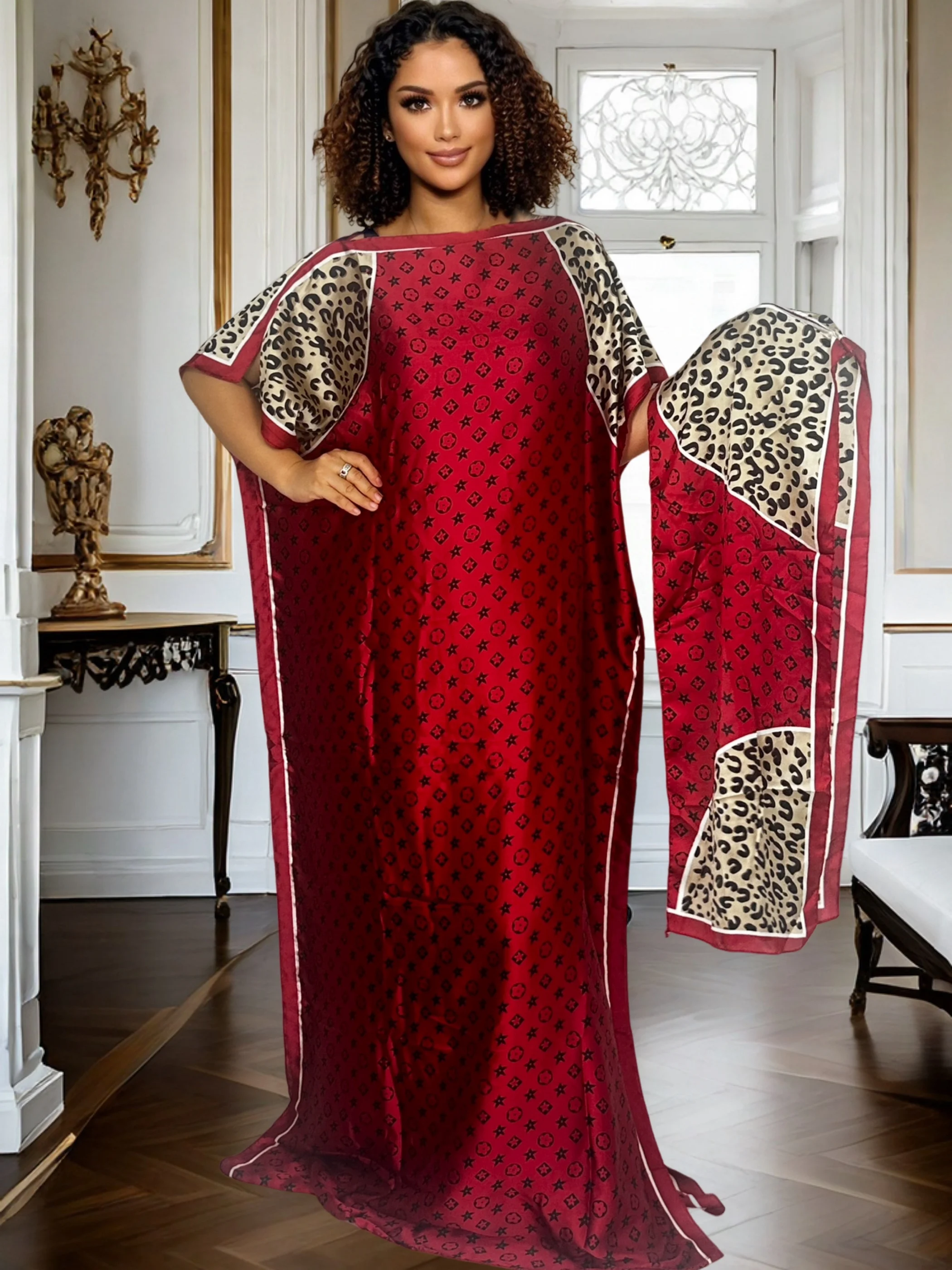 Women African Kaftan Maxi Dress Leopard Spliced Print Oversized Loose Abaya Robe Satin Long Caftan Home Party Evening Gown