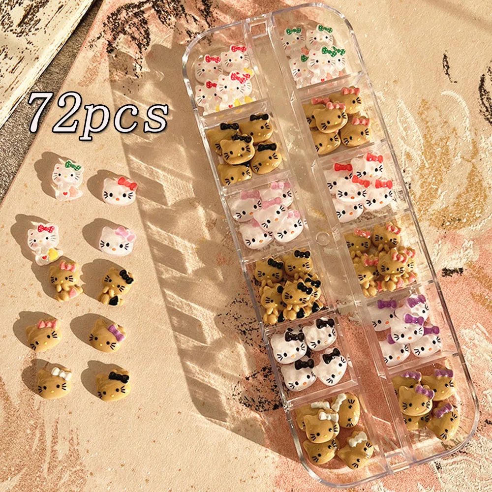72 개/상자 3D 태닝 헬로 키티 네일 아트 참 12 그리드 카와이 키티 보우 고양이 네일 아트 라인 석 DIY 쥬얼리 네일 부품 만들기