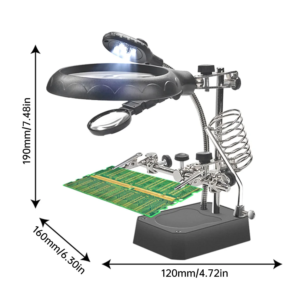 Support de fer à souder manuel avec loupe, outil de réparation de soudage, LED éclairée, pince crocodile, pince de support, 2,5X, 7,5X, 10X