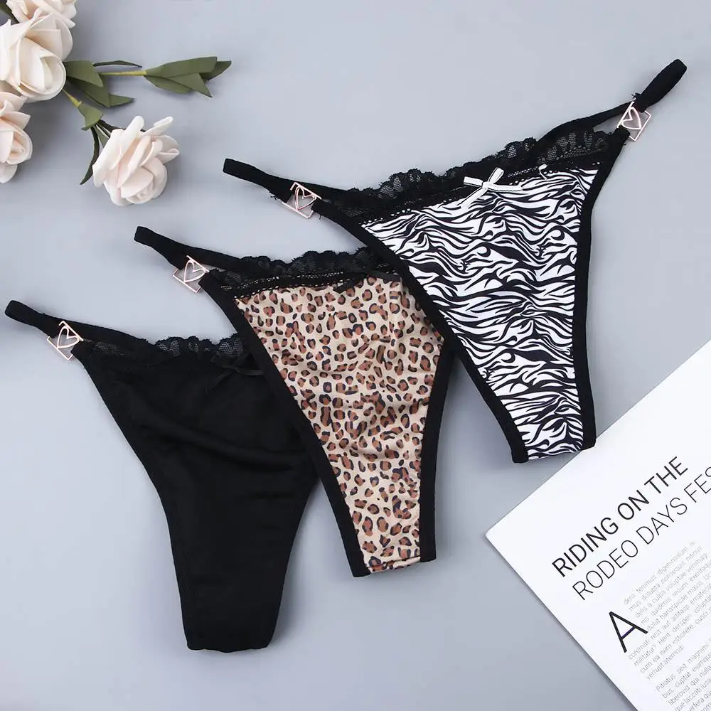 

Lingeries For Girls Lace Leopard Thin Belt Bow Korean Underwear Women Panties Briefs G-String Thong