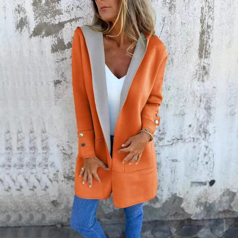 

Women's Hooded Cardigan Sweater Thiened Long Sve Mid-Length Polyester Fiber Winter Faion Outerwear Ladies' Knitwear