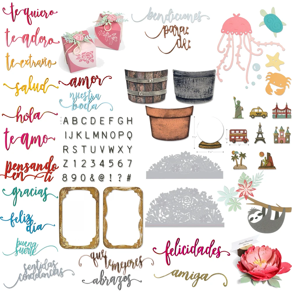 Palabras en Español Hola Gracias Alfabetos Florero Flor Marco Rectangular Forma de Nueva York Troqueles de Metal para Corte DIY Creación de Tarjetas SIZ01