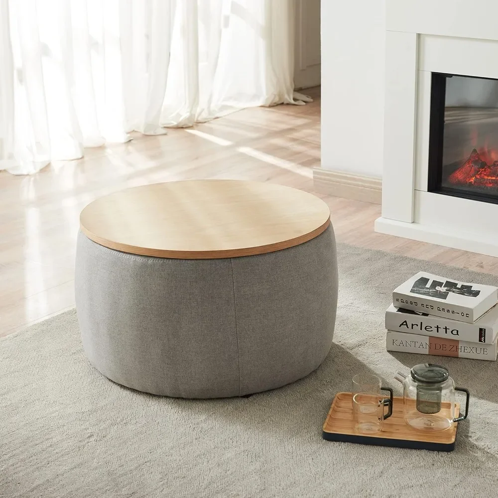 Modern Round Storage Ottoman with Wooden Lid,Circle Ottoman Handmade Ottoman Coffee Table