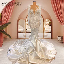 Vestido De Noiva Luxury Pearls Crystal Mermaid Wedding Dress 2023 Couture Long Sleeve Overskirt Lace Bridal Gown African Woman