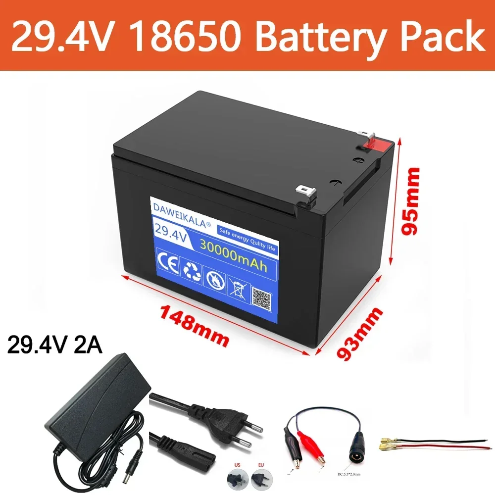 29.4V 30Ah 18650 lithium battery pack Rechargeable battery for solar energy electric vehicle 29.4v 2A charger