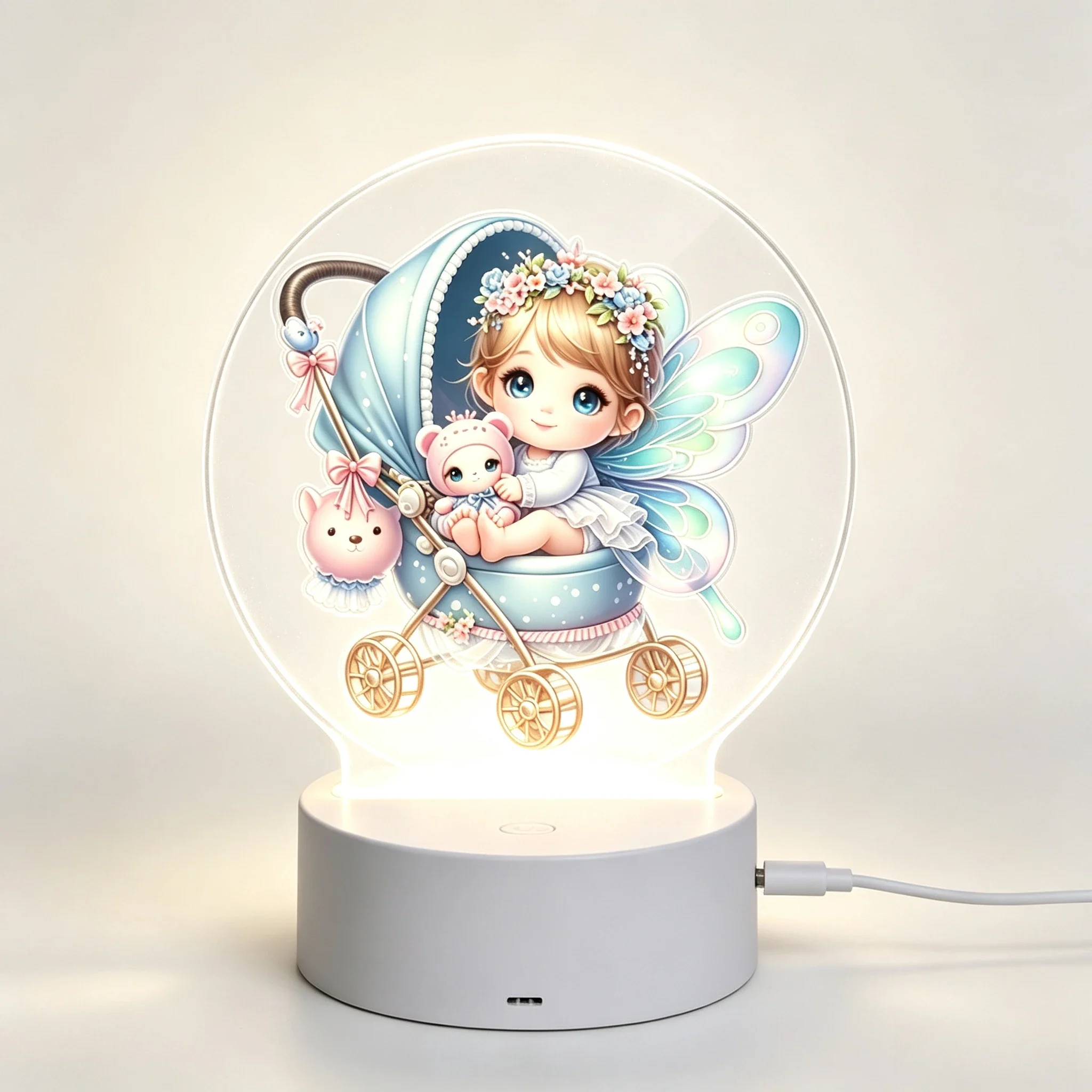USB Charging Sweet Winged Fairy & Stroller Pattern Acrylic 3D Desktop Atmosphere Light