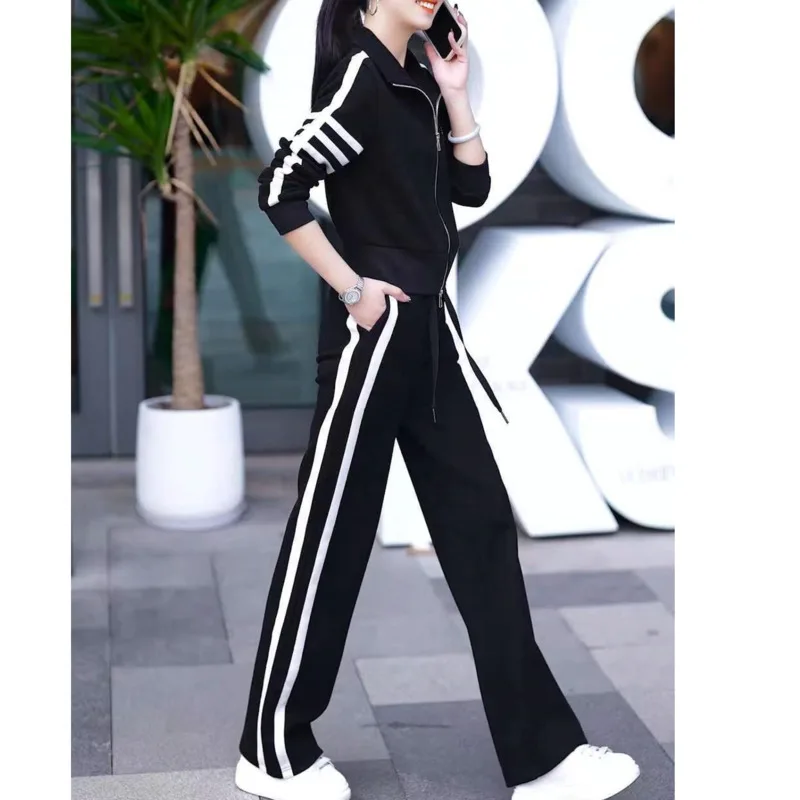 Women\'s Casual Sports Suit Spring And Autumn New Westernized Fashion Sweater Top Jacket Wide Leg Pants 2 Two Piece Set For Women