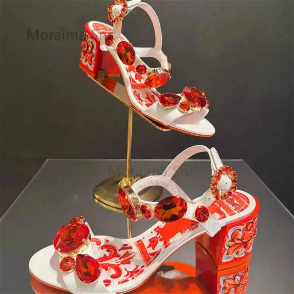 

6/10Cm High Heel Print Gem Sandals for Women Bohemian Summer Open Toe Chunky Heels Ankle Buckle Crystal Banquet Holiday Shoes